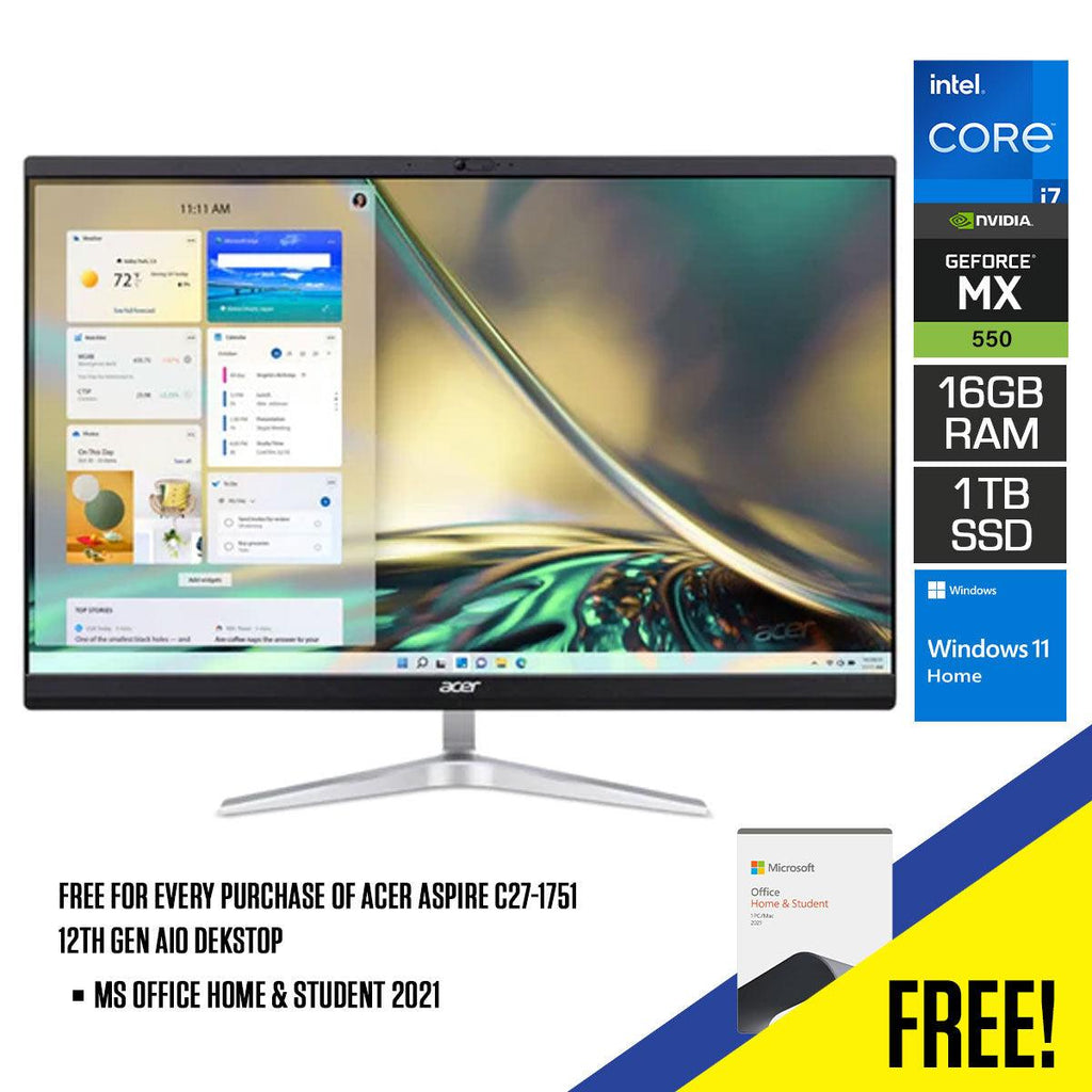 Acer Aspire C27 - 1751 12TH Gen AIO Desktop | 27” FHD | Core i7 - 1260P | 16GB RAM | 1TB SSD | Nvidia Geforce MX550 2GB | Windows 11 Home | MS Office Home & Student 2021 - Nectostry