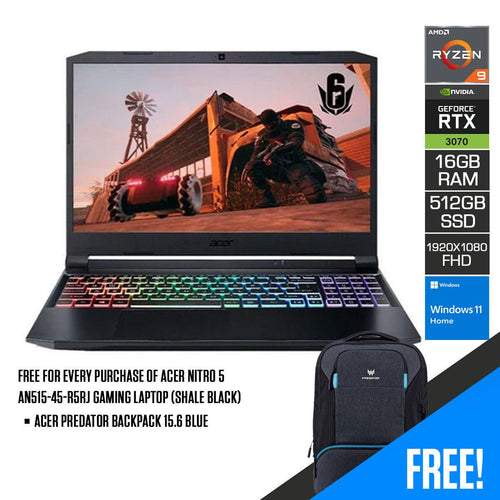 Acer Nitro 5 AN515 - 45 - R5RJ Gaming Laptop (Shale Black) | 15.6” FHD (1920 x 1080) | Ryzen 9 5900HX | 16GB DDR4 | 512GB SSD | RTX 3070 | Windows 11 | Acer Predator Backpack 15.6 Blue - Nectostry