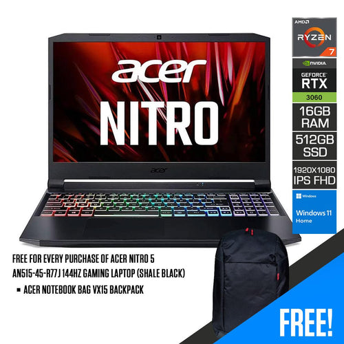 ACER NITRO 5 AN515 - 45 - R77J 144HZ Gaming Laptop (Shale Black) | 15.6" IPS FHD 1920x1080 | RYZEN 7 5800H | 16GB DDR4 | 512GB SSD | RTX 3060 | WIN11 + ACER Notebook Bag VX15 Backpack - Nectostry