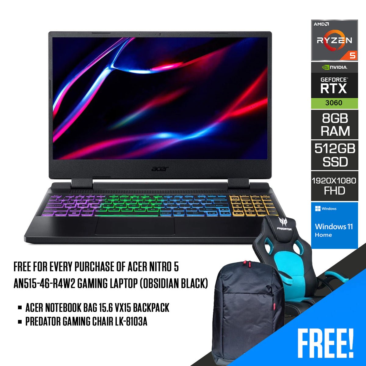 Acer Nitro 5 AN515 - 46 - R4W2 Gaming Laptop (Obsidian Black) | 15.6" FHD | Ryzen™ 5 6600H | 8GB DDR5 | 512GB SSD | RTX 3060 | Windows 11 Home | Acer Notebook Bag 15.6 VX15 Backpack | Predator Gaming Chair LK - 8103A - Nectostry