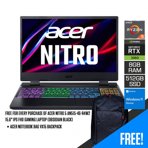 Acer Nitro 5 AN515 - 46 - R4W2 Gaming Laptop (Obsidian Black) | 15.6" FHD | Ryzen™ 5 6600H | 8GB DDR5 | 512GB SSD | RTX 3060 | Windows 11 Home | Acer Notebook Bag 15.6 VX15 Backpack - Nectostry