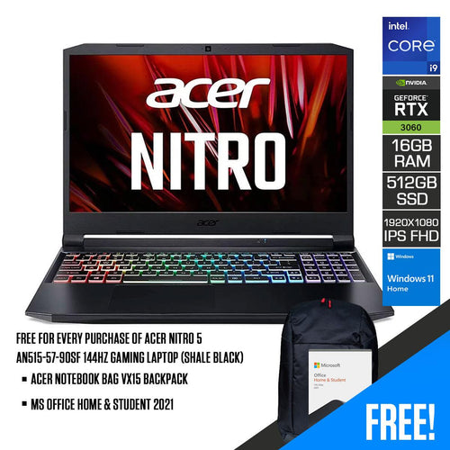 ACER NITRO 5 AN515 - 57 - 90SF 144HZ GAMING LAPTOP (SHALE BLACK) | 15.6" FHD | i9 - 11900H | 16GB DDR4 | 512GB SSD | RTX TM 3060 | WIN11 + ACER NOTEBOOK BAG VX15 BACKPACK - Nectostry