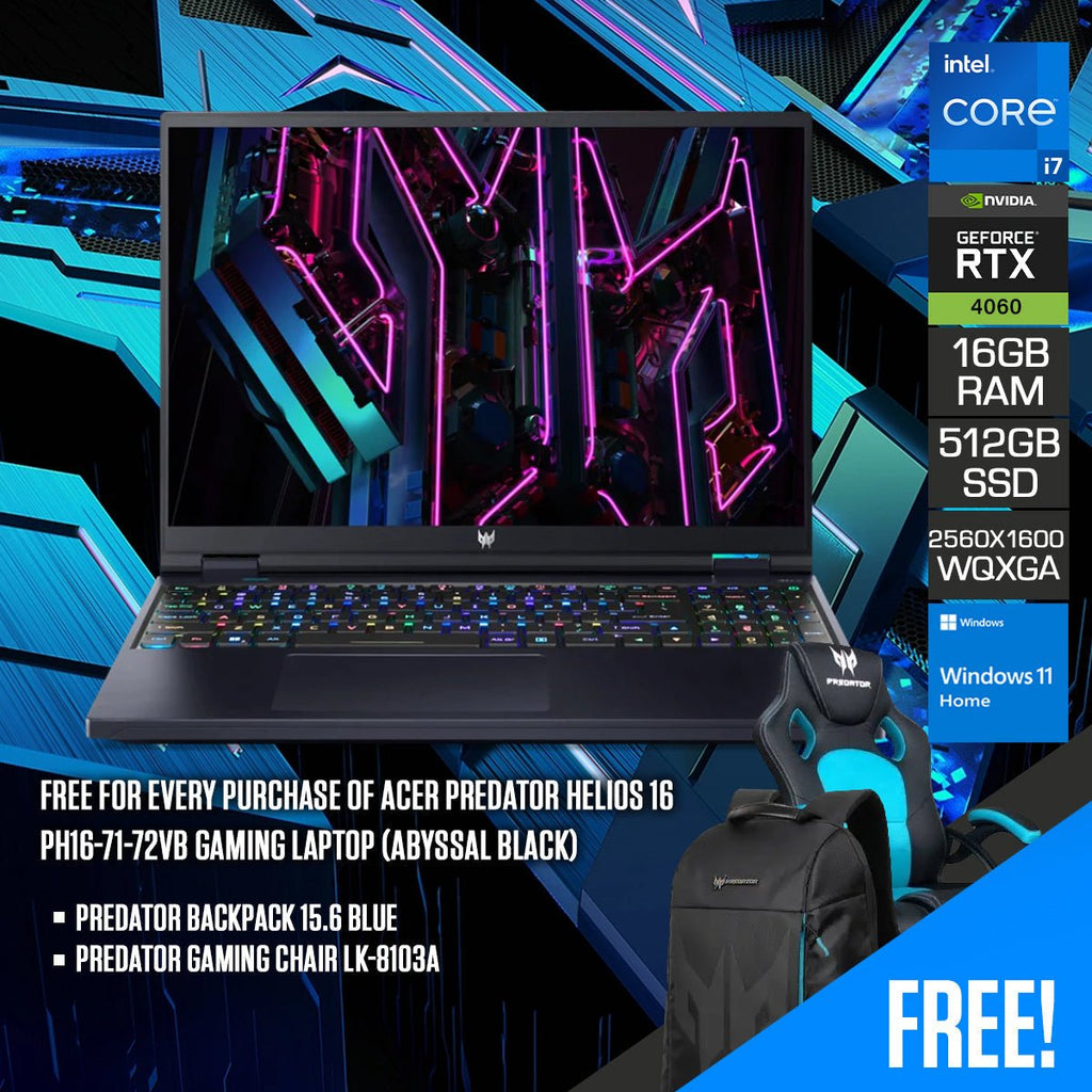 Acer Predator Helios 16 PH16 - 71 - 72VB Gaming Laptop (Abyssal Black) | 16” WQXGA (2560 x 1600) 240 Hz | i7 13700HX | 16GB RAM | 512GB SSD | RTX 4060 | Windows 11 Home | Predator Backpack | Predator Gaming Chair LK - 8103A - Nectostry