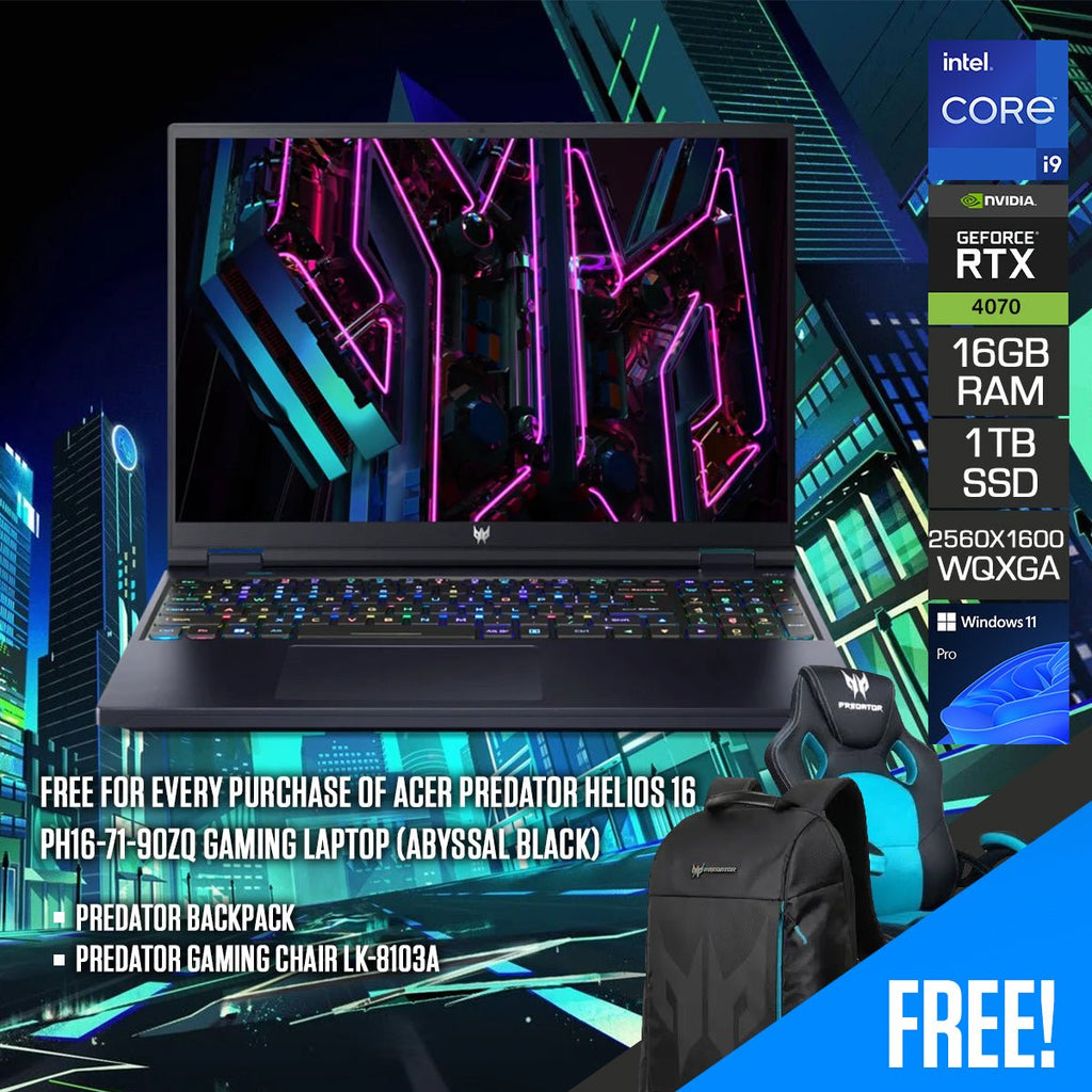 Acer Predator Helios 16 PH16 - 71 - 90ZQ Gaming Laptop (Abyssal Black) | 16” WQXGA (2560 x 1600) 240Hz | i9 13900HX | 16GB RAM | 1TB SSD | RTX 4070 | Windows 11 Pro | Predator Backpack | Predator Gaming Chair LK - 8103A - Nectostry