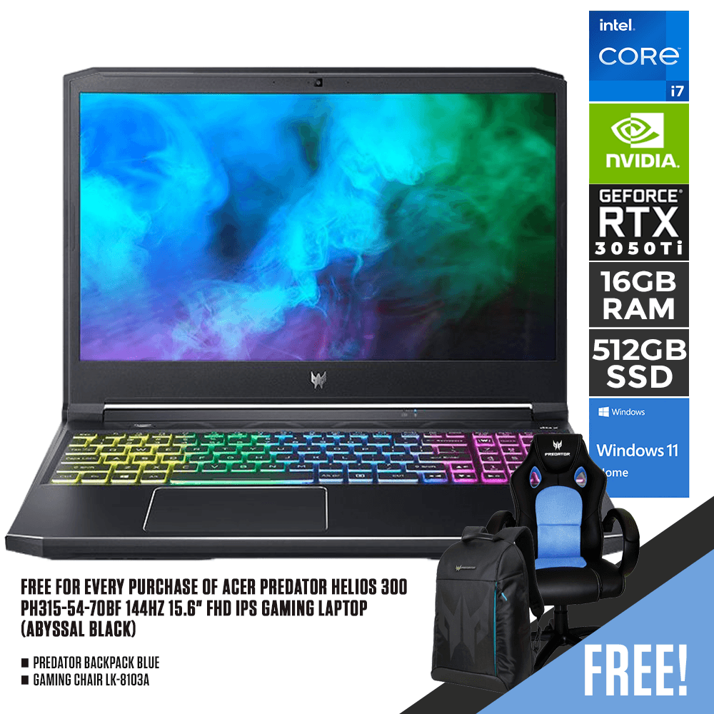 ACER PREDATOR HELIOS 300 PH315 - 54 - 70BF 144HZ GAMING LAPTOP (ABYSSAL BLACK) | 15.6" FHD | i7 - 11800H | 16GB DDR4 | 512 GB SSD | RTX3050TI | WIN11 + PREDATOR BACKPACK BLUE + GAMING CHAIR LK - 8103A - Nectostry