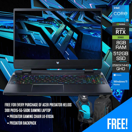 Acer Predator Helios 300 PH315 - 55 - 56DK Laptop (Black) | 15.6" QHD (2560X1440) | i5 - 12500H | 8GB RAM | 512GB SSD RTX 3060 | Windows 11 Home | Predator Backpack | Predator Gaming Chair LK - 8103A - Nectostry