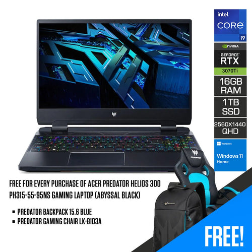 Acer Predator Helios 300 PH315 - 55 - 95NS Gaming Laptop (Abyssal Black) | 15.6” QHD | i9 - 12900H | 16 GB RAM DDR5 | 1TB SSD | RTX 3070Ti | Windows 11 Home | Predator Backpack 15.6 Blue | Predator Gaming Chair LK - 8103A - Nectostry