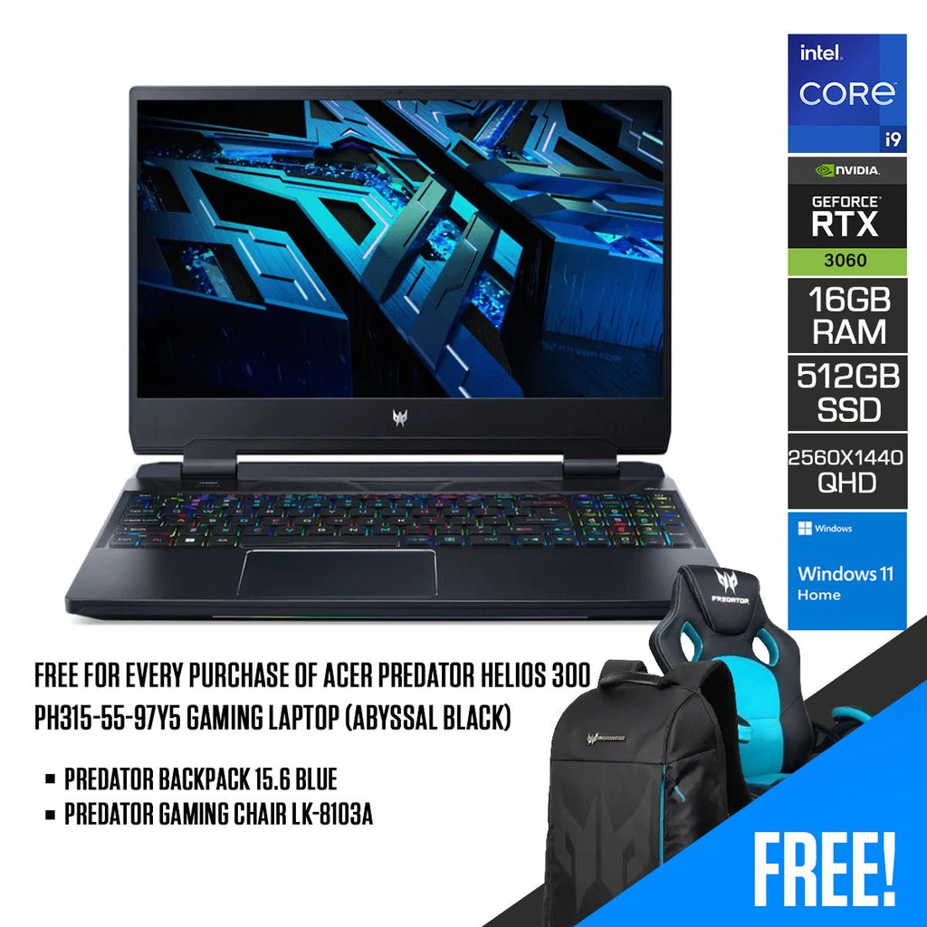 Acer Predator Helios 300 PH315 - 55 - 97Y5 Gaming Laptop (Abyssal Black) | 15.6” QHD | i9 - 12900H | 16 GB RAM DDR5 | 512 GB SSD | RTX 3060 | Windows 11 Home | Predator Backpack 15.6 Blue | Predator Gaming Chair LK - 8103A - Nectostry