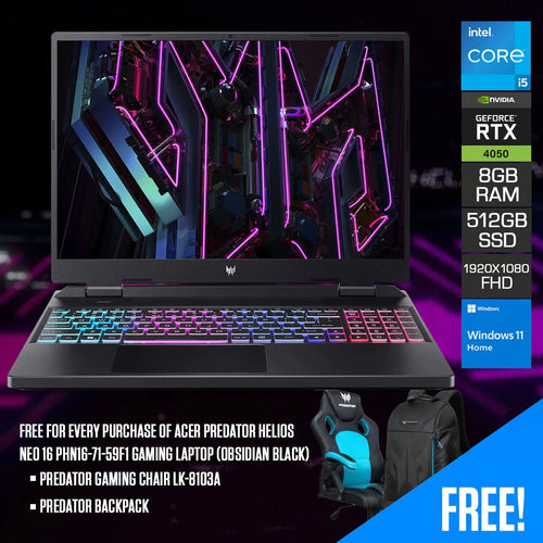 Acer Predator Helios Neo 16 PHN16 - 71 - 59F1 Gaming Laptop (Obsidian Black) | 16” FHD (1920x1080) 165Hz | i5 13500HX | 8GB RAM | 512GB SSD | RTX 4050 | Windows 11 Home | Predator Backpack | Predator Gaming Chair LK - 8103A - Nectostry
