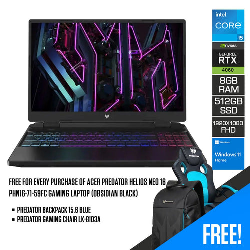 Acer Predator Helios Neo 16 PHN16 - 71 - 59FC Gaming Laptop (Obsidian Black) | 16” FHD (1920 x1080) 165Hz | i5 - 13500HX | 8GB RAM | 512GB SSD | RTX 4060 | Windows 11 Home | Predator Backpack | Predator Gaming Chair LK - 8103A - Nectostry