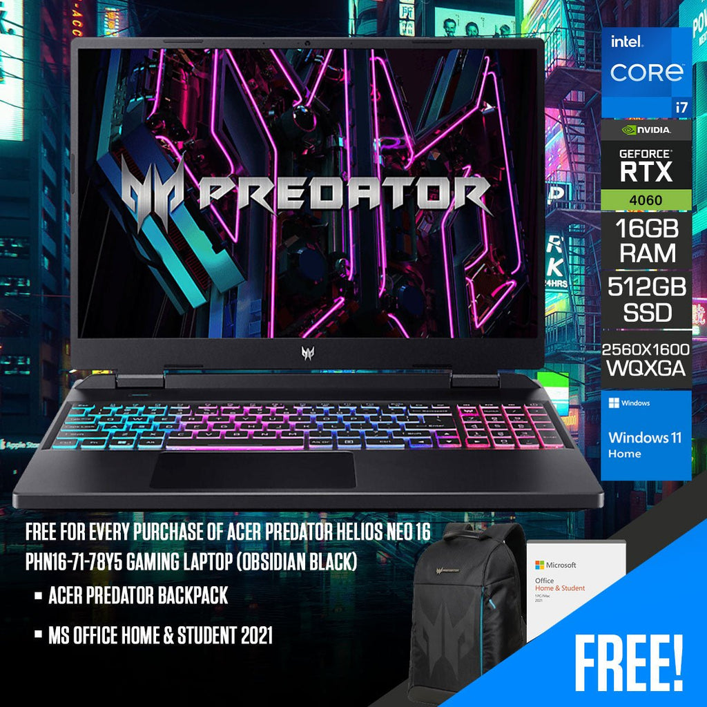 Acer Predator Helios Neo 16 PHN16 - 71 - 78Y5 Gaming Laptop (Obsidian Black) | 16" WQXGA 2560x1600 | IPS 165HZ | i7 - 13700HX | 16GB RAM | 512GB SSD | RTX 4060 | Windows 11 Home | MS Office Home & Student 2021 | Acer Predator Backpack - Nectostry