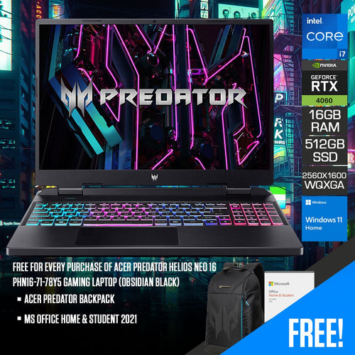 Acer Predator Helios Neo 16 PHN16 - 71 - 78Y5 Gaming Laptop (Obsidian Black) | 16" WQXGA 2560x1600 | IPS 165HZ | i7 - 13700HX | 16GB RAM | 512GB SSD | RTX 4060 | Windows 11 Home | MS Office Home & Student 2021 | Acer Predator Backpack - Nectostry