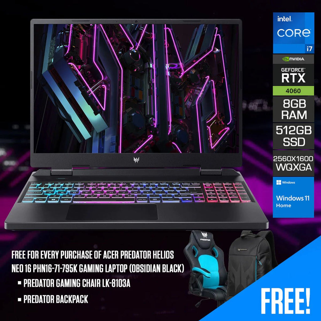 Acer Predator Helios Neo 16 PHN16 - 71 - 795K Gaming Laptop (Obsidian Black) | 16” WQXGA (2560 x 1600) 165Hz | i7 13700HX | 8GB RAM | 512GB SSD | RTX 4060 | Windows 11 Home | Predator Backpack | Predator Gaming Chair LK - 8103A - Nectostry