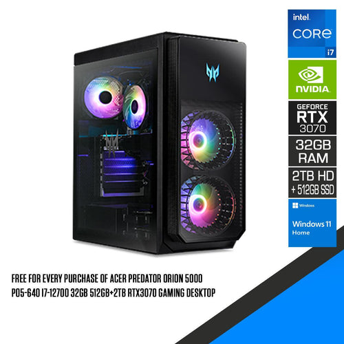 Acer Predator Orion 5000 PO5 - 640 Gaming Desktop | i7 - 12700 | 32GB RAM | 512GB SSD + 2TB HDD | RTX 3070 | Windwos 11 Home - Nectostry