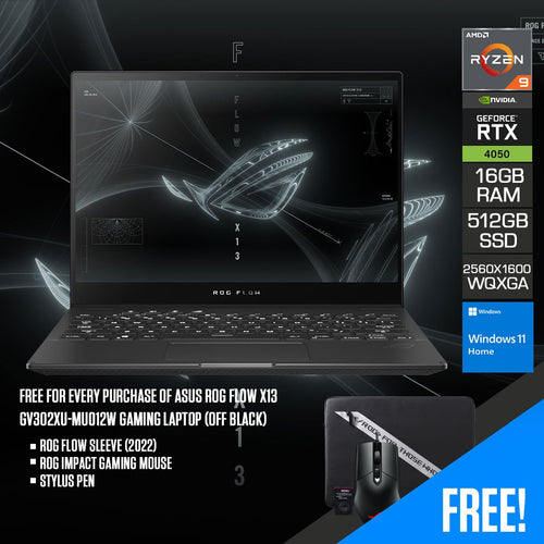 Asus ROG Flow X13 GV302XU - MU012W Gaming Laptop (Off Black) | 13.4” QHD+ 165Hz | Ryzen 9 7940HS | 16GB RAM | 1TB SSD | RTX 4050 | Windows 11 Home | ROG Impact Gaming Mouse | Stylus Pen | ROG Flow Sleeve (2022) - Nectostry