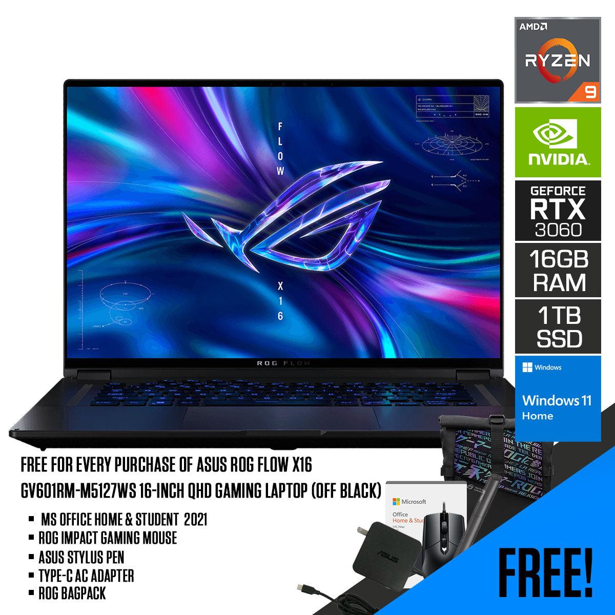 ASUS ROG Flow X16 GV601RM - M5127WS Gaming Laptop (Off Black) | 16” QHD | Ryzen™ 9 6900HS | 16GB RAM DDR5| 1TB SSD | RTX™ 3060 | Windows 11 Home | MS Office H&S 2021 | Mouse | Stylus Pen | Type - C AC Adapter | ROG Backpack - Nectostry