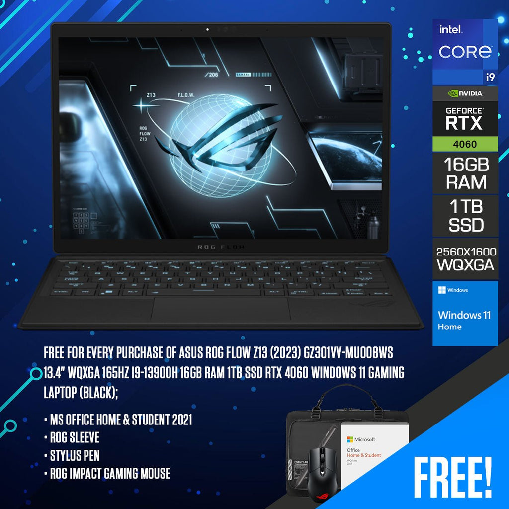 Asus ROG Flow Z13 (2023) GZ301VV - MU008WS Gaming Laptop (Black) | 13.4" 2560 x 1600 WQXGA | 165HZ | I9 - 13900H | 1TB SSD | 16GB RAM | RTX 4060 | Windows 11 Home | MS Office Home & Student 2021 | ROG Flow Sleeve (2022) | Stylus Pen | ROG Impact Gaming Mouse - Nectostry