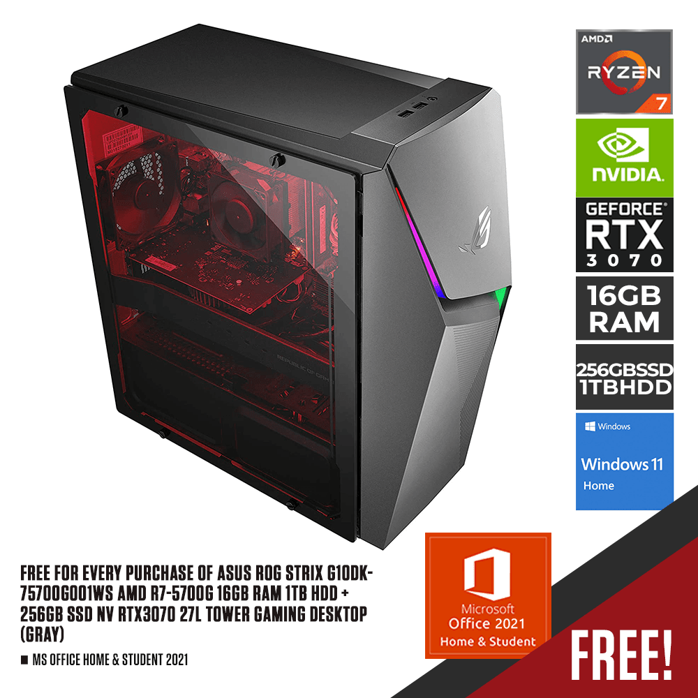 ASUS ROG STRIX G10DK - 75700G001WS AMD R7 - 5700G 16GB RAM 1TB HDD + 256GB SSD NV RTX3070 27L TOWER GAMING DESKTOP (GRAY) + MS OFFICE HOME & STUDENT 2021 - Nectostry