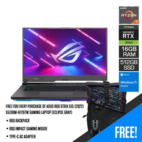 ASUS ROG Strix G15 (2022) G513RM - HF287W Gaming Laptop (Eclipse Gray) | 15.6" FHD | Ryzen™ 7 6800H | 16GB DDR5 | 512 GB SSD | RTX™ 3060 | Windows 11 Home | ROG Backpack | ROG Impact Gaming Mouse | Type - C AC Adapter - Nectostry