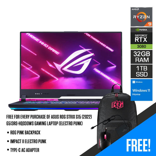 Asus ROG Strix G15 (2022) G513RS - HQ030WS Gaming Laptop (Electro Punk) | 15.6” WQHD | Ryzen 9 6900HX | 32GB RAM | 1TB M.2 SSD | RTX 3080 | Windows 11 Home | ROG Pink Backpack | Impact II Electro Punk | Type - C AC Adapter - Nectostry