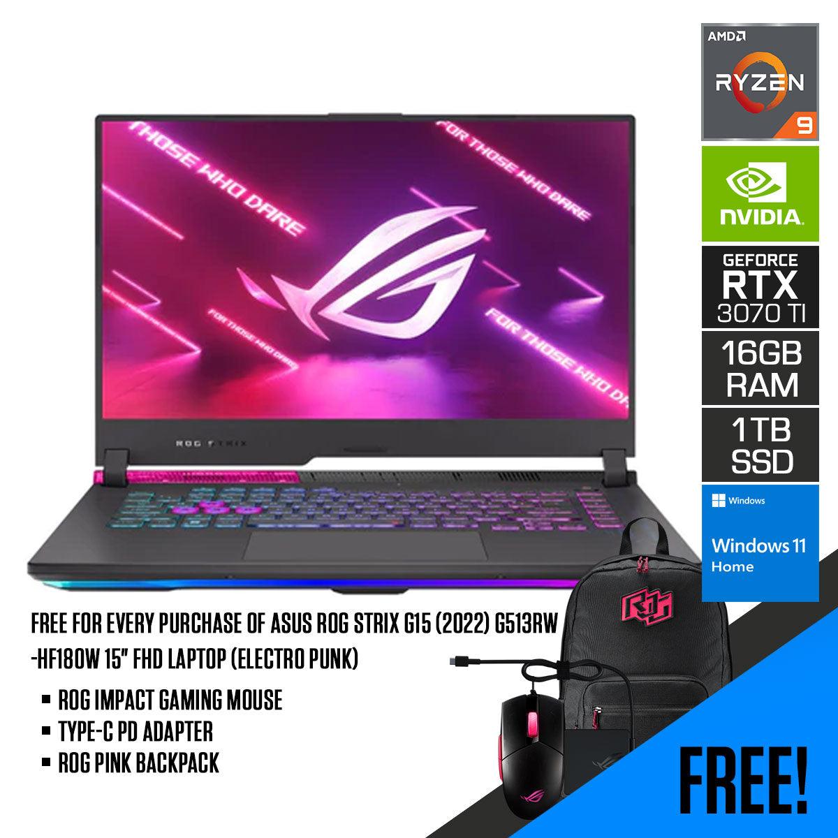 Asus ROG Strix G15 (2022) G513RW - HF180W Laptop (Electro Punk) | 15.6" FHD | Ryzen 9 6900HX | 16GB RAM | 1TB M.2 SSD | RTX 3070 Ti | Windows 11 Home | Pink Backpack | Strix Impact II Electro Punk Mouse | Type - C PD Adapter - Nectostry