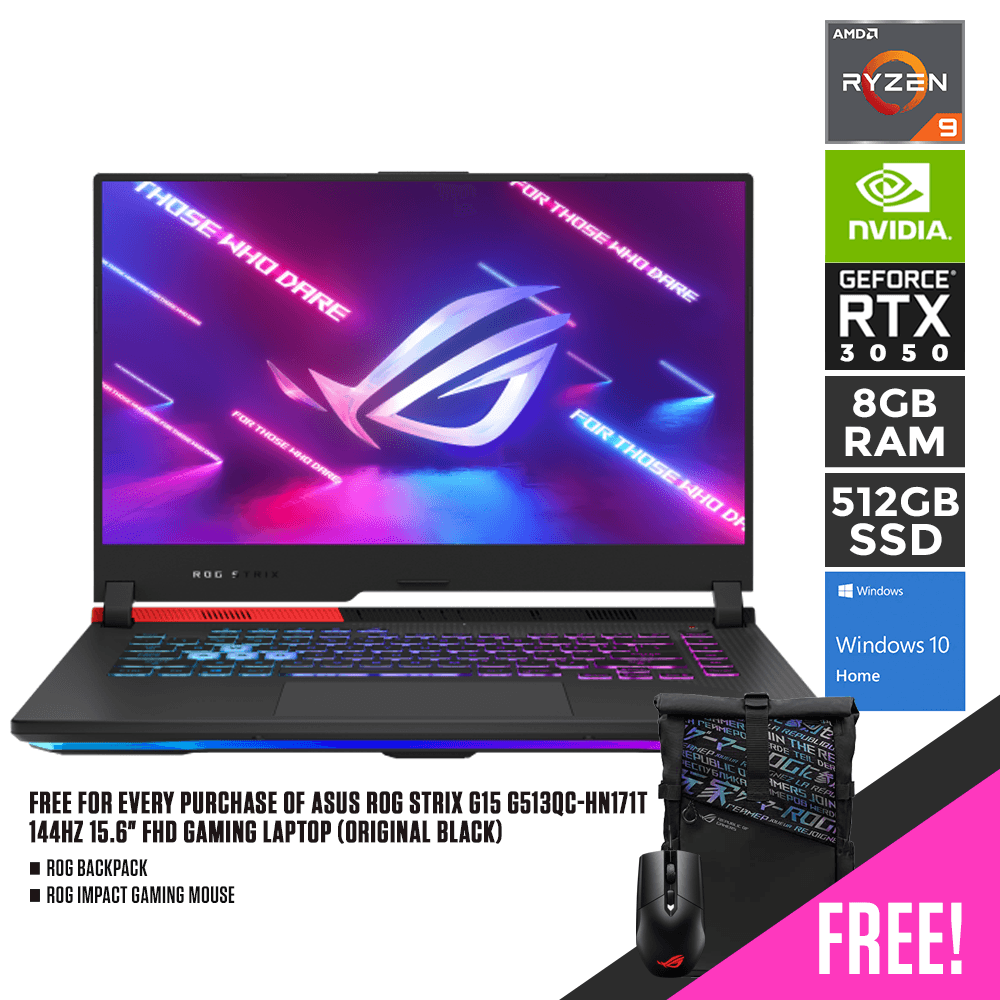 ASUS ROG STRIX G15 G513QC - HN171T 144HZ Gaming Laptop (Original Black) | 15.6" FHD | RYZEN 9 5900HX | 8GB DDR4 | 512GB SSD | RTX 3050 | WIN10 | ROG Backpack | ROG Impact Gaming Mouse - Nectostry