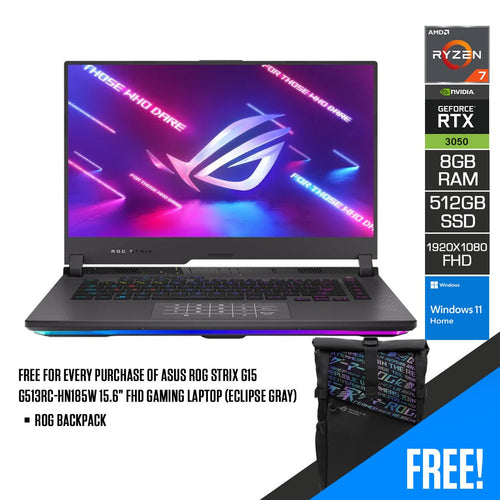 Asus ROG Strix G15 G513RC - HN185W 15.6” FHD Gaming Laptop (Eclipse Gray) | 15.6", FHD (1920 x 1080) | Ryzen™ 7 6800H/HS | 8GB RAM | 512GB SSD | RTX™ 3050 | Windows 11 Home | ROG Backpack - Nectostry