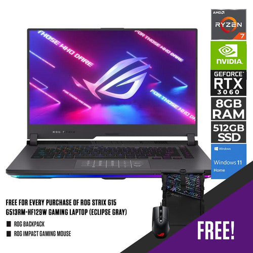 ASUS ROG STRIX G15 G513RM - HF129W GAMING LAPTOP (ECLIPSE GRAY) | 15.6” FHD | RYZEN™ 7 6800H | 8GB DDR5 | 512GB SSD | RTX 3060 | WIN11 + ROG BACKPACK + ROG IMPACT GAMING MOUSE - Nectostry