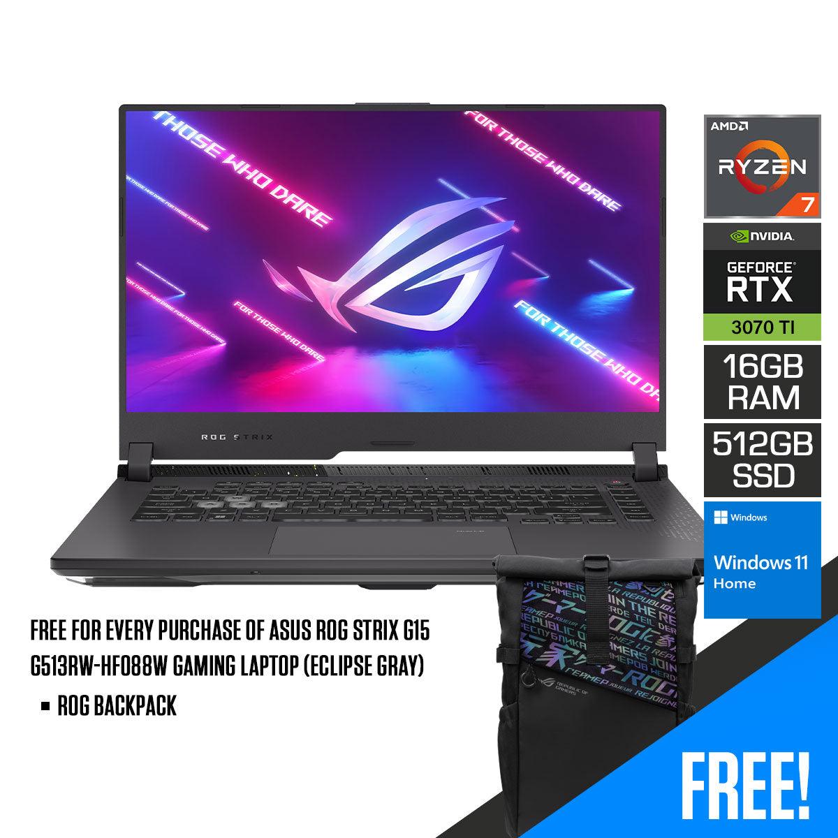 ASUS ROG Strix G15 G513RW - HF088W Gaming Laptop (Eclipse Gray) | 15.6" FHD | Ryzen™ 7 6800H | 16GB DDR5 | 512 GB SSD | RTX™ 3070 TI | Windows 11 Home | ROG Backpack - Nectostry