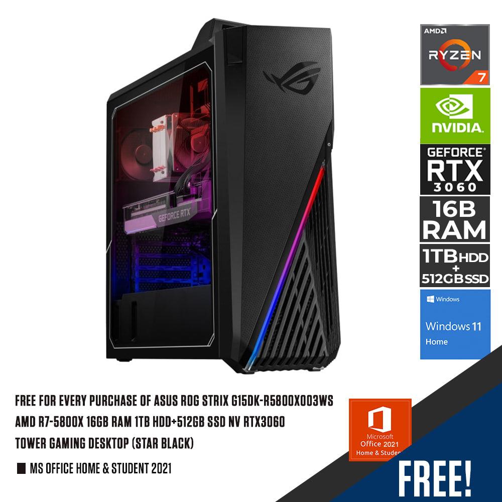 ASUS ROG STRIX G15DK - R5800X003WS AMD R7 - 5800X 16GB RAM 1TB HDD+512GB SSD NV RTX3060 TOWER GAMING DESKTOP (STAR BLACK) + MS OFFICE HOME & STUDENT 2021 - Nectostry