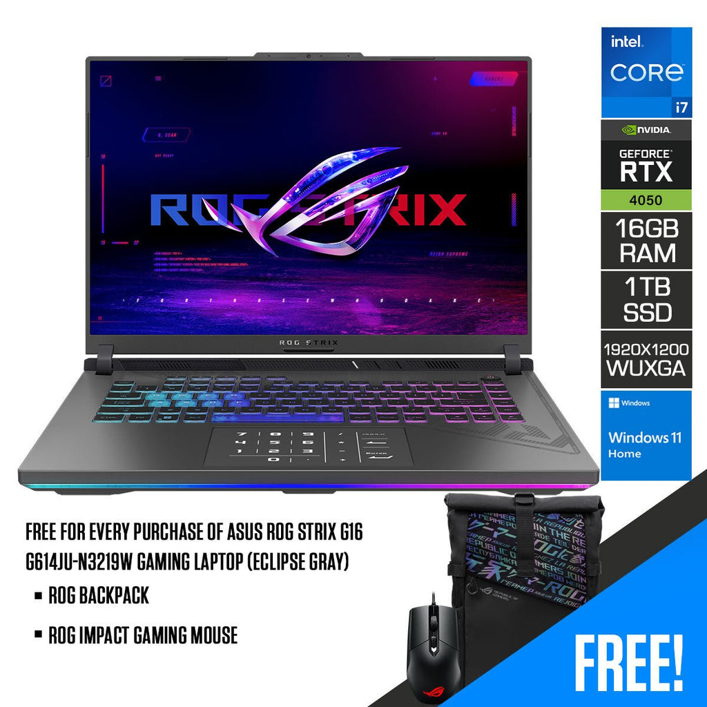 Asus ROG Strix G16 G614JU - N3219W Gaming Laptop (Eclipse Gray) | 16" FHD+ (1920 x 1200, WUXGA) | i7 - 13650HX | 16GB RAM | 1TB SSD | RTX™ 4050 | Windows 11 Home | ROG Backpack | ROG Impact Gaming Mouse - Nectostry