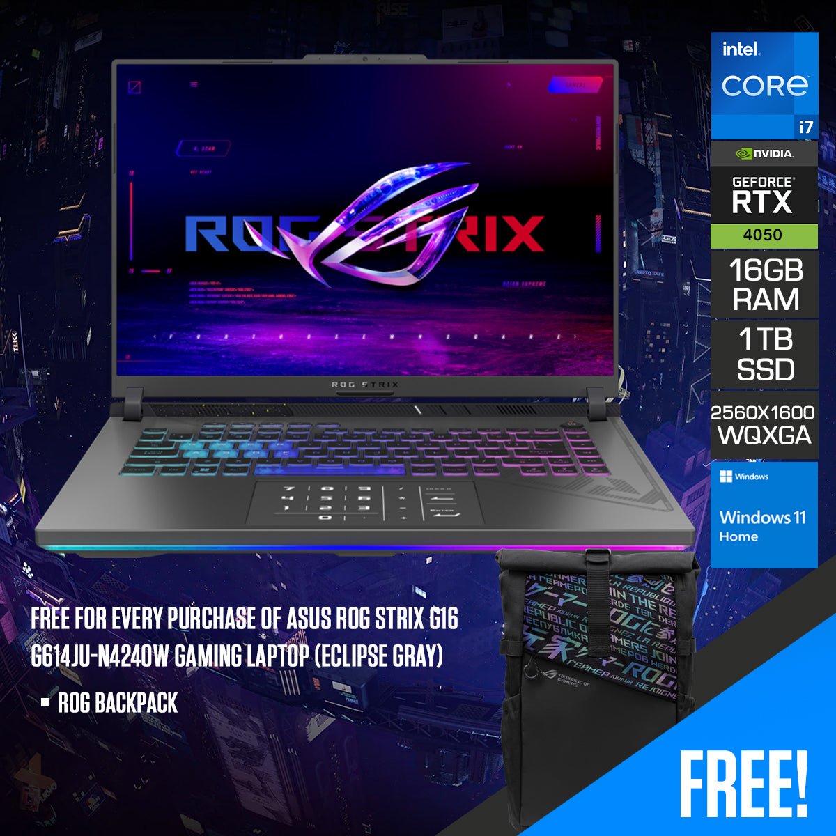 Asus ROG Strix G16 G614JU - N4240W Gaming Laptop (Eclipse Gray) | 16" QHD+ 240Hz WQXGA (2560x1600) | i7 - 13650HX | 16GB RAM | 1TB SSD | RTX™ 4050 | Windows 11 Home | ROG Backpack - Nectostry