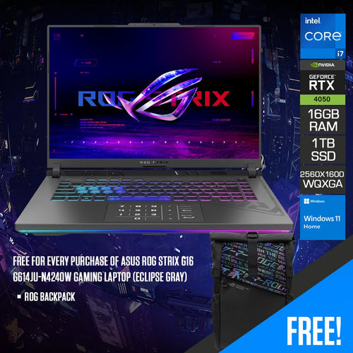 Asus ROG Strix G16 G614JU - N4240W Gaming Laptop (Eclipse Gray) | 16" QHD+ 240Hz WQXGA (2560x1600) | i7 - 13650HX | 16GB RAM | 1TB SSD | RTX™ 4050 | Windows 11 Home | ROG Backpack - Nectostry