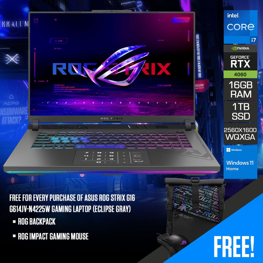 Asus ROG Strix G16 G614JV - N4225W Gaming Laptop (Eclipse Gray) | 16" WQXGA 240Hz (2560x1600) | i7 - 13650HX | 16GB RAM | 1TB SSD | RTX™ 4060 | Windows 11 Home | ROG Backpack | ROG Impact Gaming Mouse - Nectostry