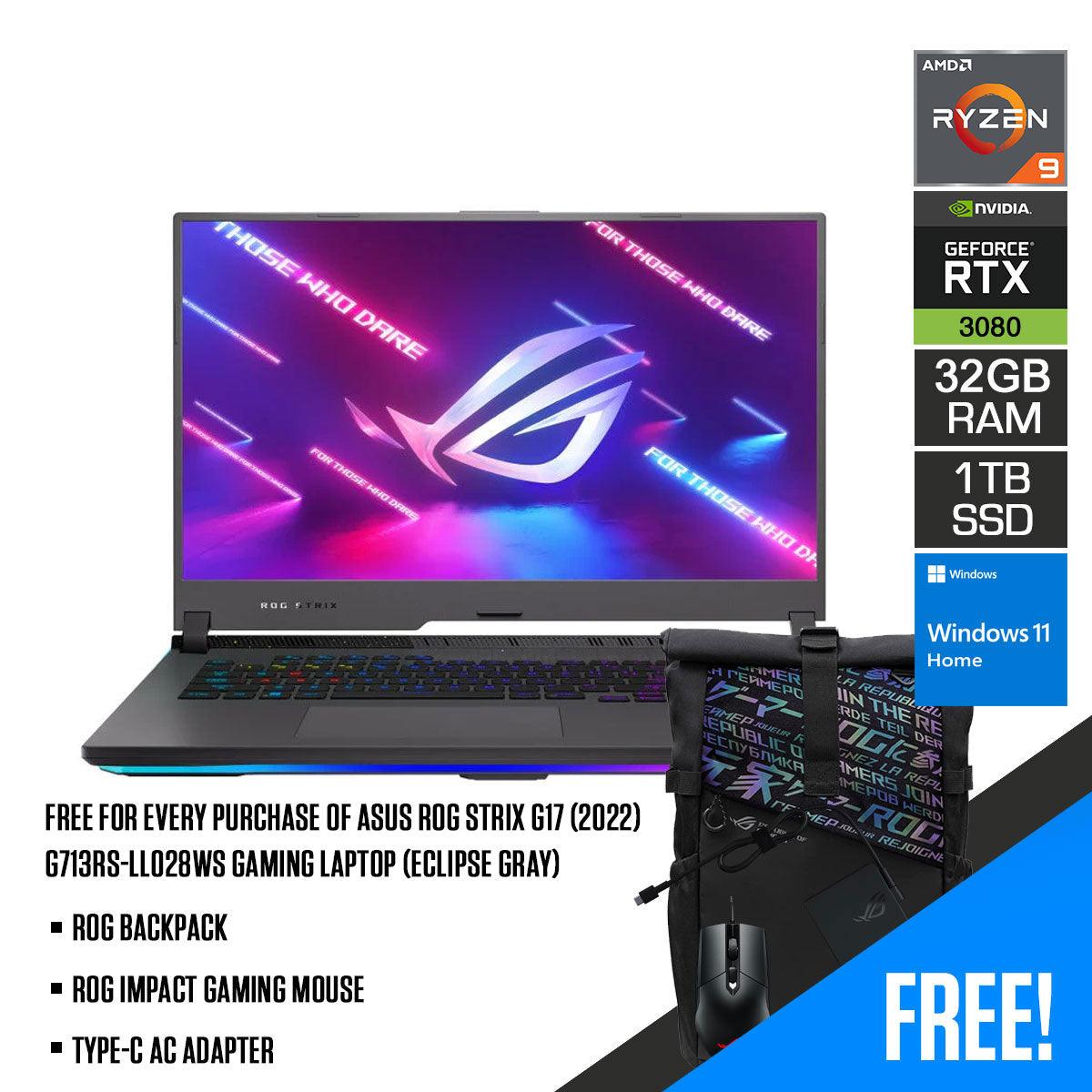 ASUS ROG Strix G17 (2022) G713RS - LL028WS Gaming Laptop (Eclipse Gray) | 17” WQHD | Ryzen™ 9 6900HX | 32GB DDR5 | 1TB SSD | RTX™ 3080 | Windows 11 Home | ROG Backpack | ROG Impact Gaming Mouse | Type - C AC Adapter - Nectostry