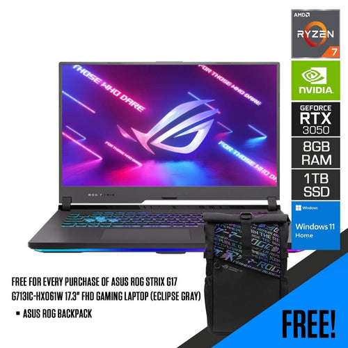 ASUS ROG Strix G17 G713IC - HX061W Gaming Laptop (Eclipse Gray) | 17.3" FHD | AMD Ryzen™ 7 4800H | 8GB DDR4 | 1TB SSD | RTX™ 3050 | Windows 11 Home | ROG Backpack - Nectostry