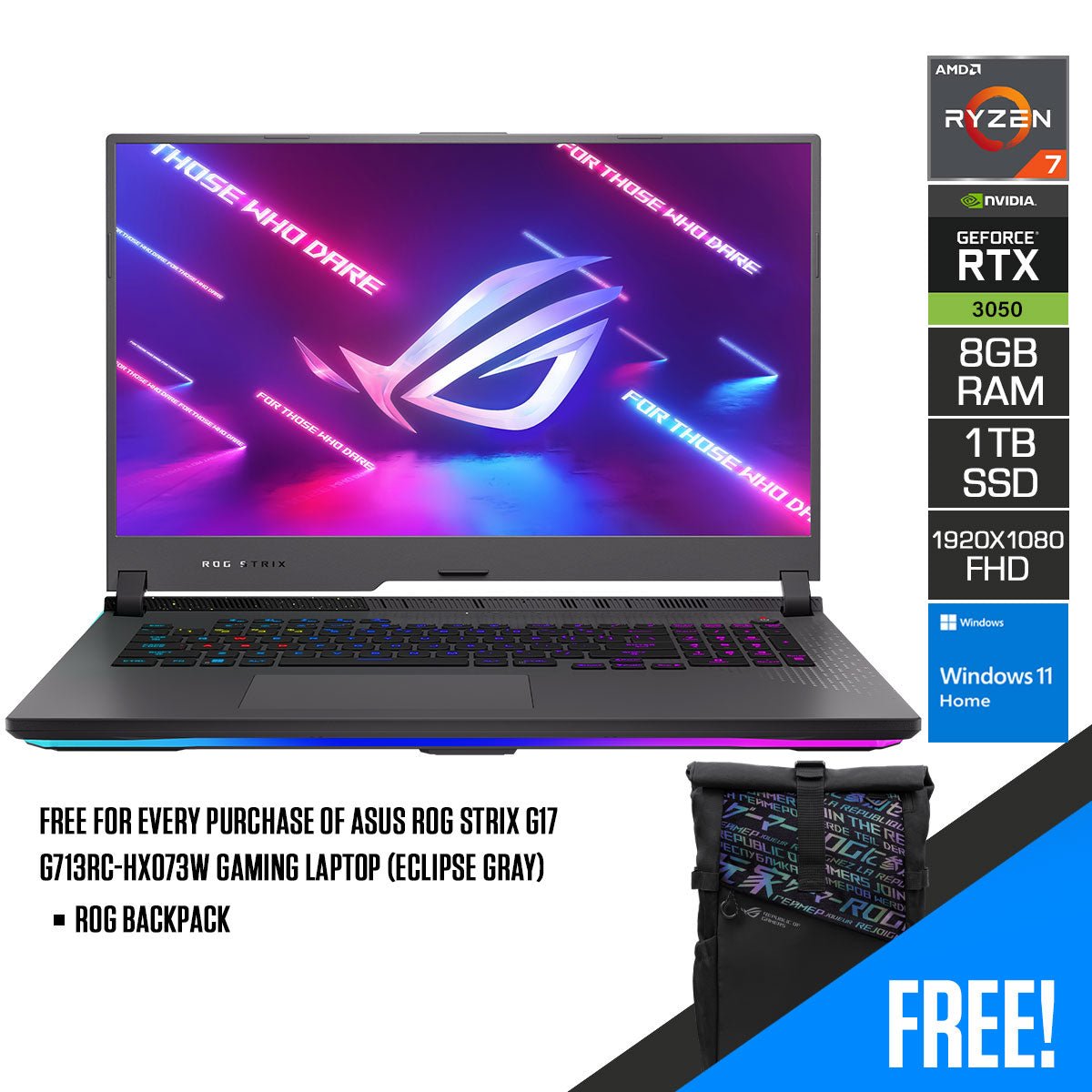 Asus ROG Strix G17 G713RC - HX073W Gaming Laptop (Eclipse Gray) | 17” FHD (1920x1080) | Ryzen 7 6800H | 8GB RAM | 1TB SSD | RTX 3050 | Windows 11 Home | ROG Backpack - Nectostry