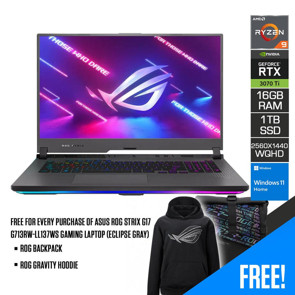 Asus ROG Strix G17 G713RW - LL137WS Gaming Laptop (Eclipse Gray) | 17” WQHD | Ryzen™ 9 6900HX | 16 GB RAM DDR5 | 1TB SSD | RTX™ 3070 Ti | Windows 11 Home | ROG Backpack - Nectostry
