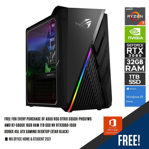 ASUS ROG STRIX G35DX - PH001WS AMD R7 - 5800X 16GB RAM 1TB SSD NV RTX3080 - 10GB DDR6X 45L ATX GAMING DESKTOP (STAR BLACK) + MS OFFICE HOME & STUDENT 2021 - Nectostry