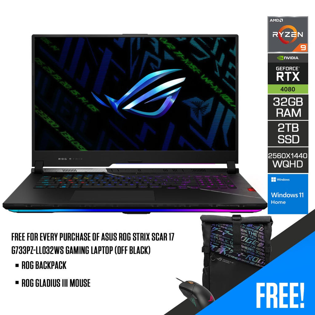 Asus ROG Strix Scar 17 G733PZ - LL032WS Gaming Laptop (Off Black) | 17.3" WQHD (2560 x 1440) | Ryzen 9 7945HX | 32GB RAM | 2TB SSD | RTX 4080 | Windows 11 Home | ROG Backpack | ROG Gladius III Mouse - Nectostry