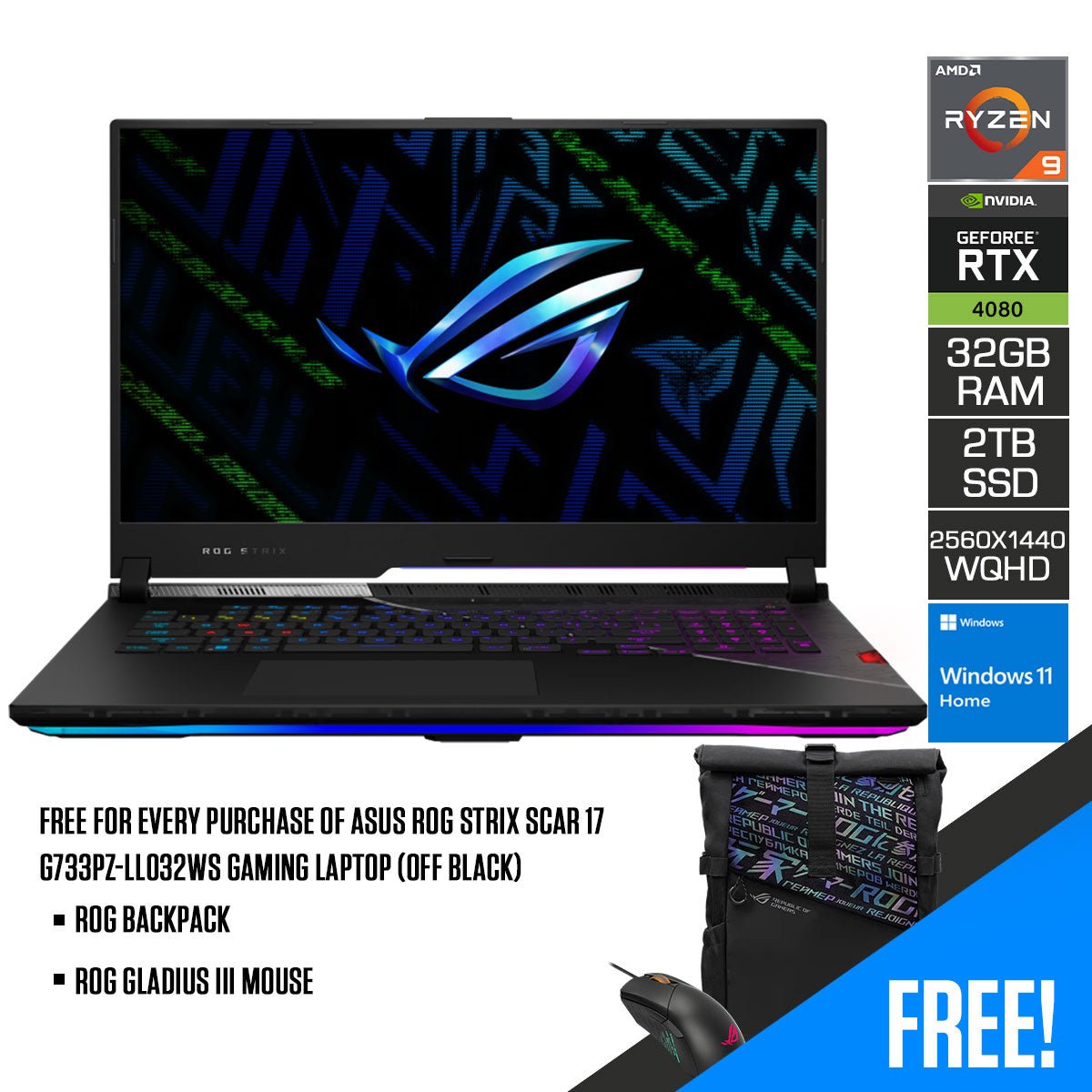 Asus ROG Strix Scar 17 G733PZ - LL032WS Gaming Laptop (Off Black) | 17.3" WQHD (2560 x 1440) | Ryzen 9 7945HX | 32GB RAM | 2TB SSD | RTX 4080 | Windows 11 Home | ROG Backpack | ROG Gladius III Mouse - Nectostry