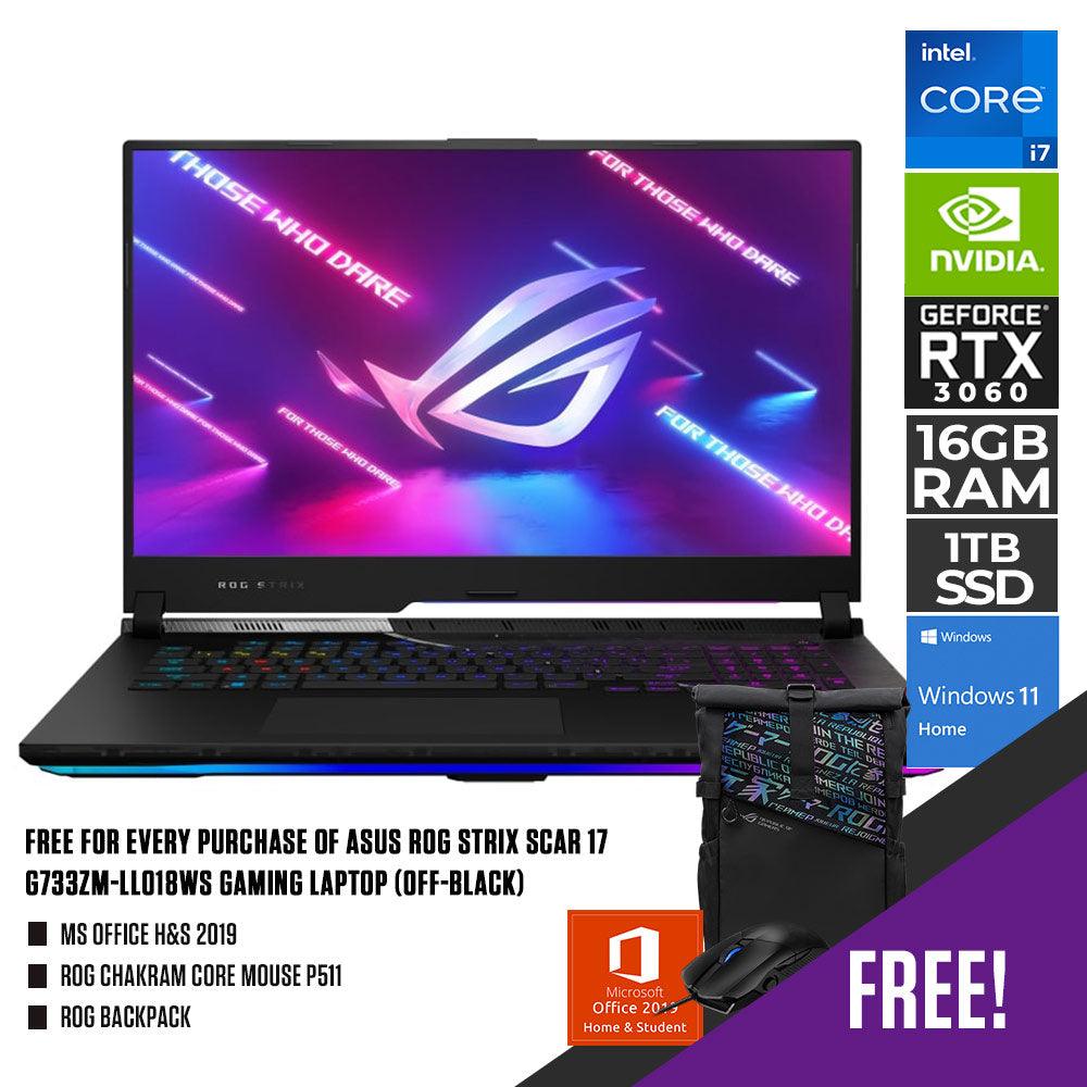 ASUS ROG Strix Scar 17 G733ZM - LL018WS Gaming Laptop (off - black) | 17.3” WQHD | i7 - 12700H | 2x 8GB DDR5 | 1TB SSD | RTX™ 3060 | WIN11 + MS Office H&S 2019 + ROG Chakram Core Mouse P511 + ROG Backpack - Nectostry