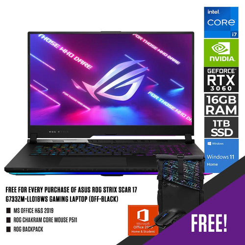 ASUS ROG Strix Scar 17 G733ZM - LL018WS Gaming Laptop (off - black) | 17.3” WQHD | i7 - 12700H | 2x 8GB DDR5 | 1TB SSD | RTX™ 3060 | WIN11 + MS Office H&S 2019 + ROG Chakram Core Mouse P511 + ROG Backpack - Nectostry