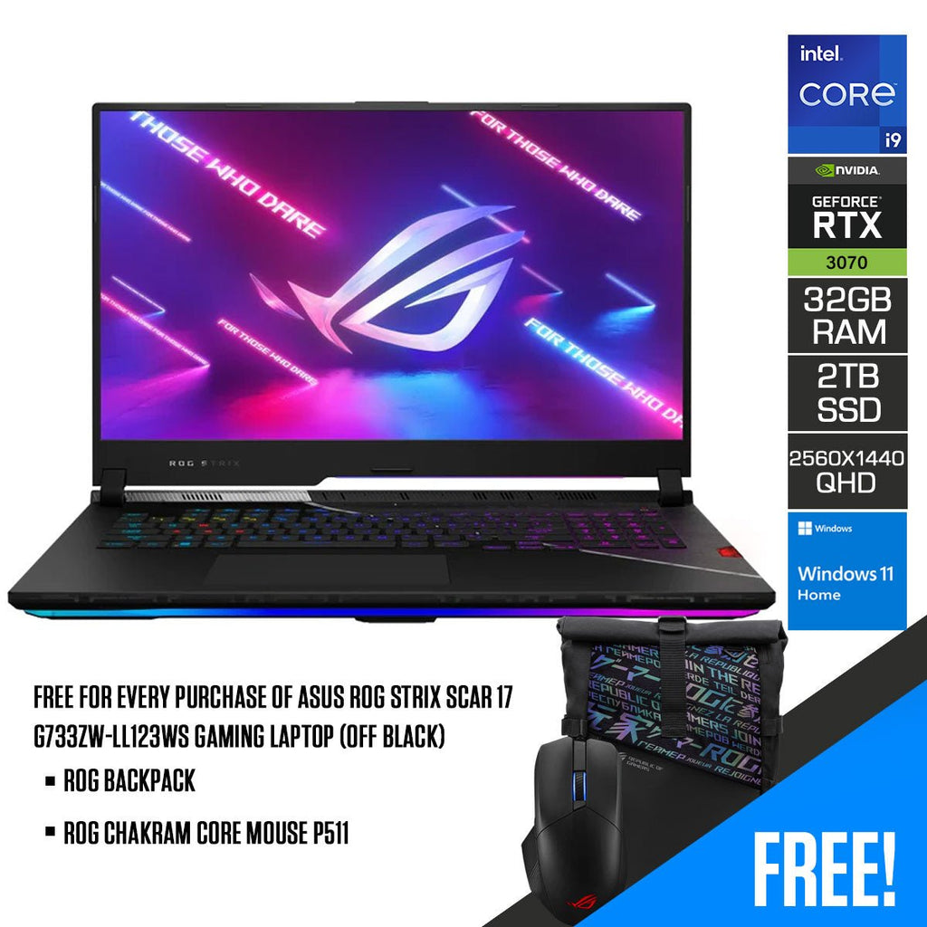 Asus ROG Strix Scar 17 G733ZW - LL123WS Gaming Laptop (Off Black) | 17.3" QHD (2560 x 1440) | Core i9 12900H | 32GB RAM | 2TB SSD | RTX 3070 Ti | Windows 11 Home | ROG Backpack | ROG Chakram Core Mouse P511 - Nectostry