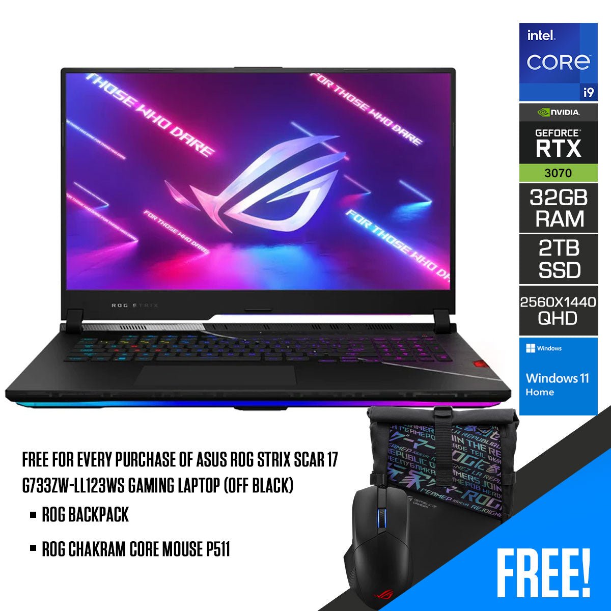 Asus ROG Strix Scar 17 G733ZW - LL123WS Gaming Laptop (Off Black) | 17.3" QHD (2560 x 1440) | Core i9 12900H | 32GB RAM | 2TB SSD | RTX 3070 Ti | Windows 11 Home | ROG Backpack | ROG Chakram Core Mouse P511 - Nectostry