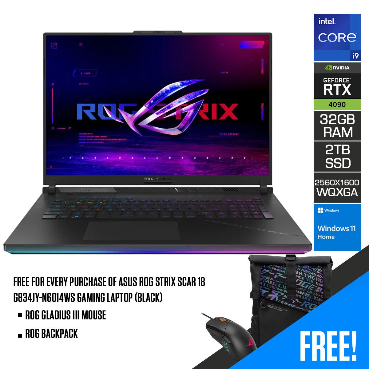 Asus ROG Strix Scar 18 G834JY - N6014WS Gaming Laptop (Black) | 18" QHD+ (2560x1600 WQXGA) | i9 13980HX | 32GB RAM | 2TB SSD | RTX 4090 | Windows 11 Home | ROG Gladius III Mouse | ROG Backpack - Nectostry