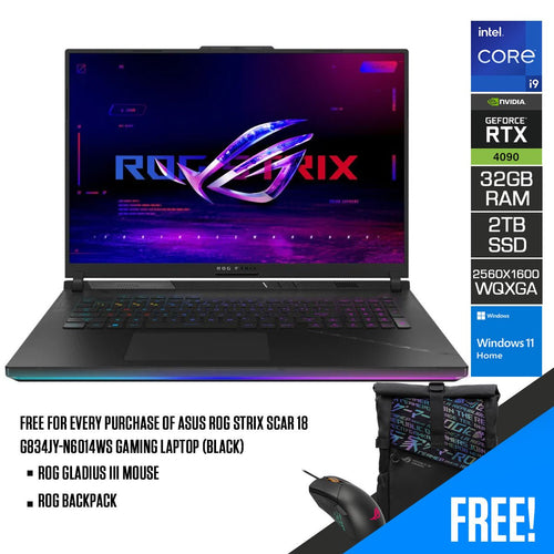 Asus ROG Strix Scar 18 G834JY - N6014WS Gaming Laptop (Black) | 18" QHD+ (2560x1600 WQXGA) | i9 13980HX | 32GB RAM | 2TB SSD | RTX 4090 | Windows 11 Home | ROG Gladius III Mouse | ROG Backpack - Nectostry