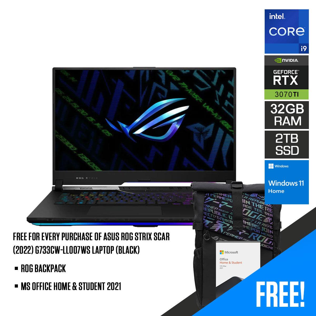 Asus ROG Strix Scar (2022) G733CW - LL007WS Laptop (Black) | 17" WQHD | i9 - 12950HX | 32GB RAM | 2TB M.2 SSD | RTX 3070 Ti | Windows 11 Home | MS Office Home & Student 2021 | ROG Backpack - Nectostry
