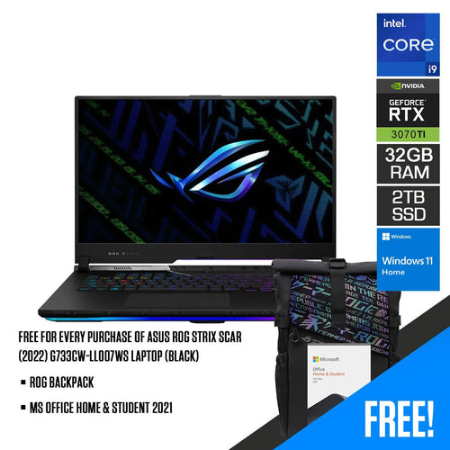 Asus ROG Strix Scar (2022) G733CW - LL007WS Laptop (Black) | 17" WQHD | i9 - 12950HX | 32GB RAM | 2TB M.2 SSD | RTX 3070 Ti | Windows 11 Home | MS Office Home & Student 2021 | ROG Backpack - Nectostry