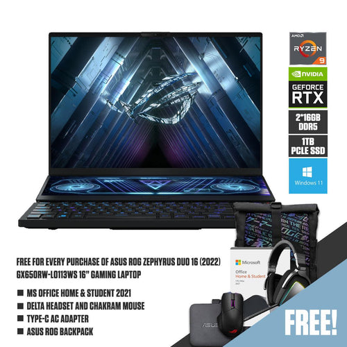 ASUS ROG Zephyrus Duo 16 (2022) GX650RW - LO113WS Gaming Laptop | 16" QHD+ | Ryzen 9 6900HX | 32GB RAM DDR5 | 1TB M.2 SSD | RTX 3070 Ti | Windows 11 Home | ROG Backpack | Delta Headset | Chakram Mouse | Type - C AC Adapter - Nectostry